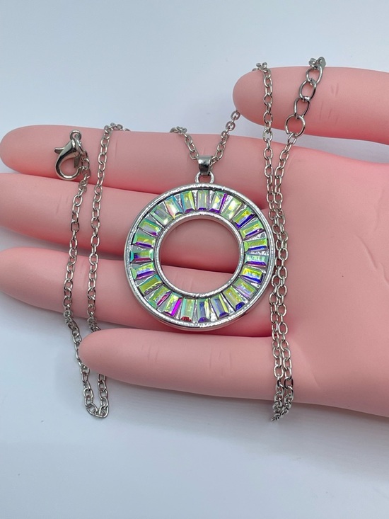 Silver Tone AB Crystal Circle Pendant Necklace Iridescent Baguette Halo - Picture 8 of 8